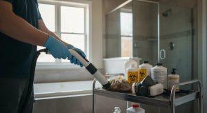 Biohazard cleanup technician wearing gloves uses a handheld cleaning device on contaminated material beside disinfectants and protective gear in a bathroom.