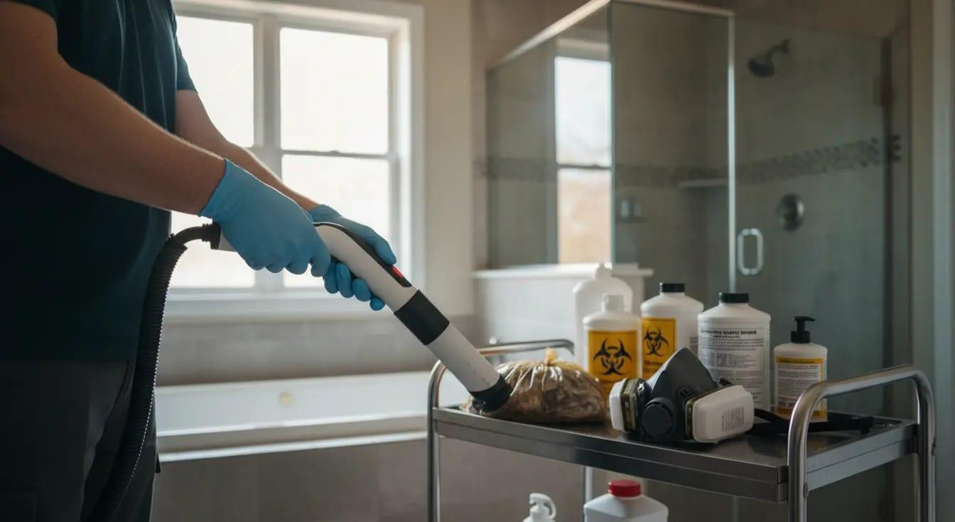 Biohazard cleanup technician wearing gloves uses a handheld cleaning device on contaminated material beside disinfectants and protective gear in a bathroom.
